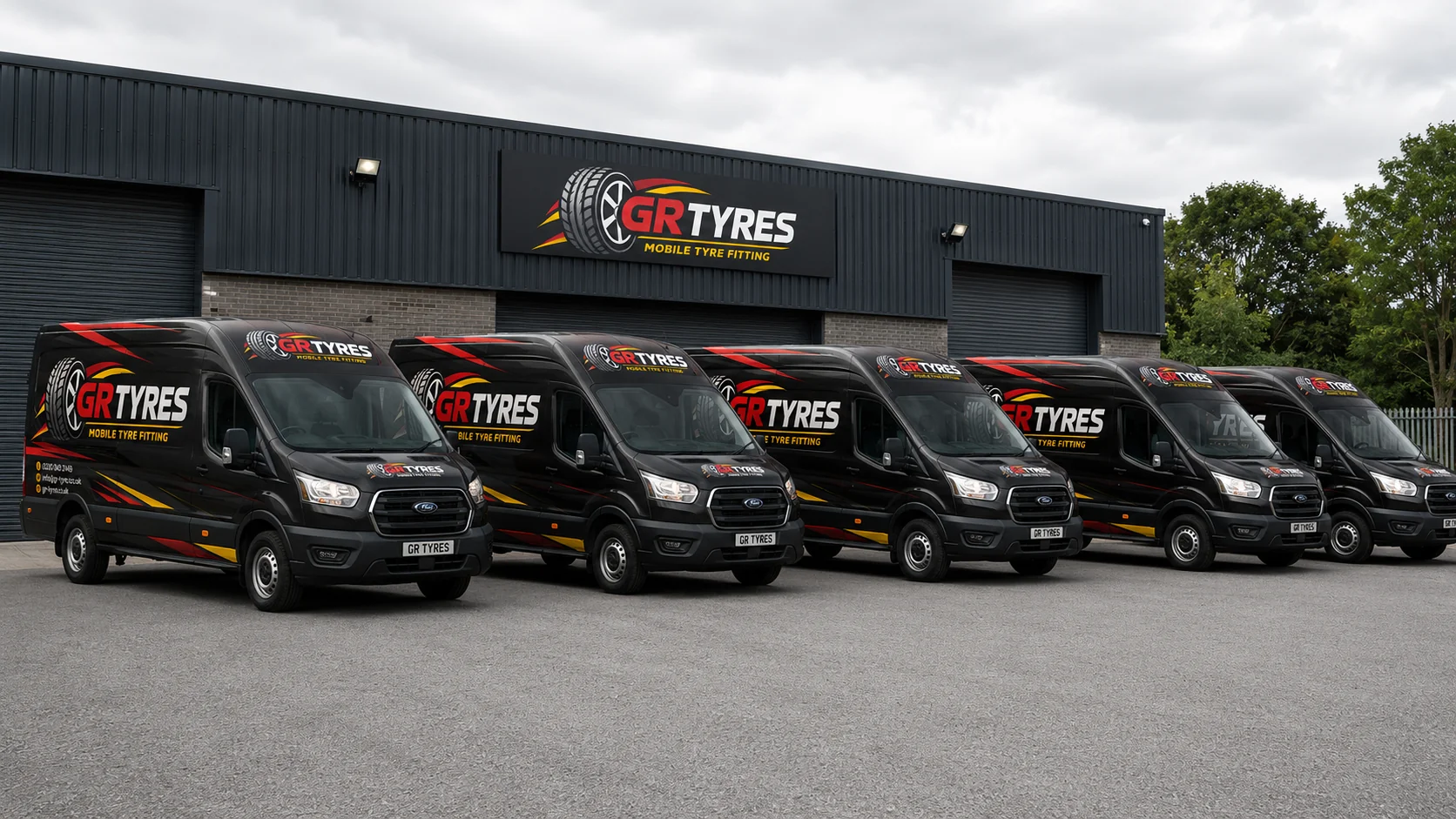 GR-Tyres van on a driveway alongside a car on a jack