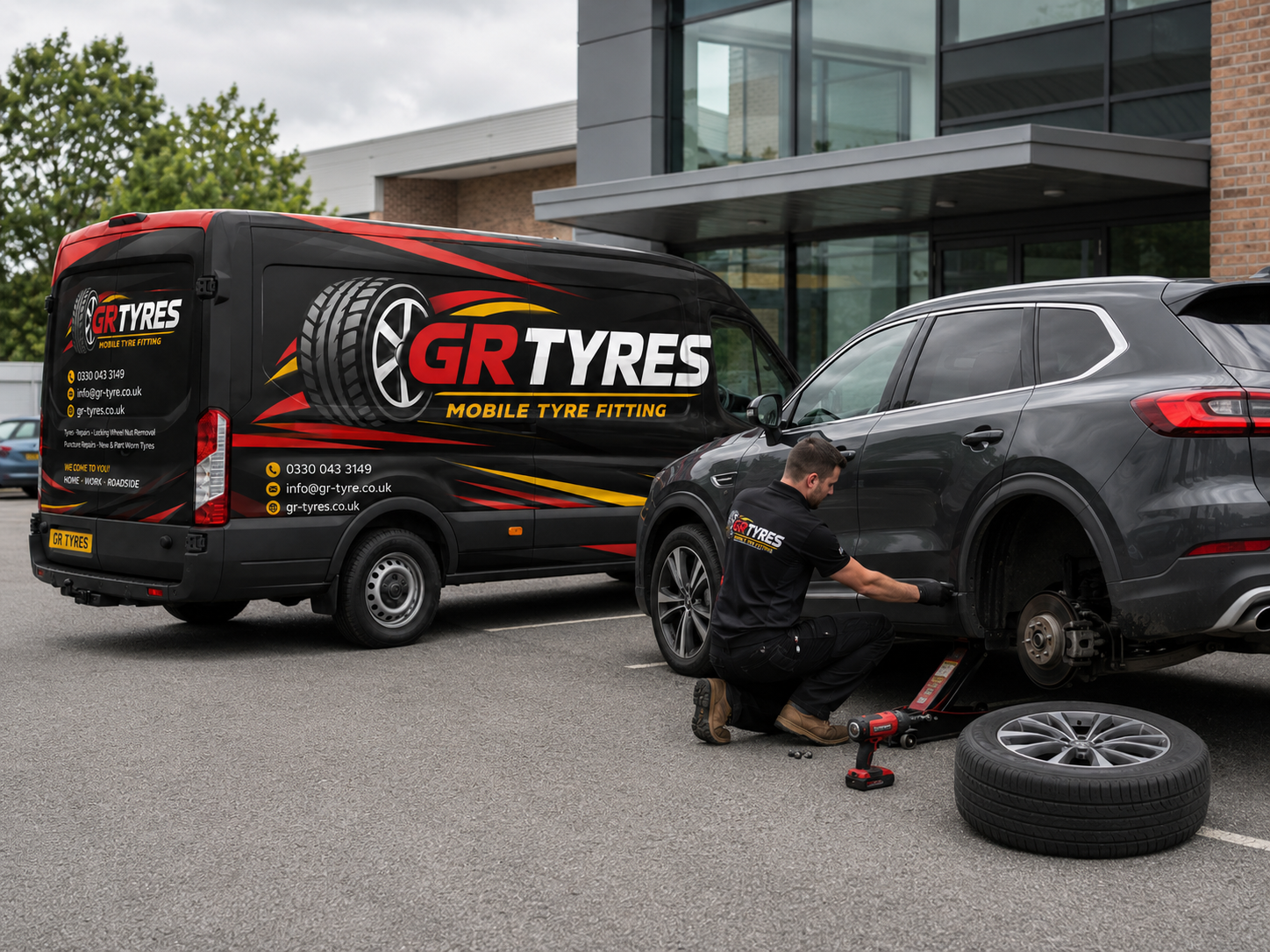 GR-Tyres van and engineer servicing a car at the kerbside
