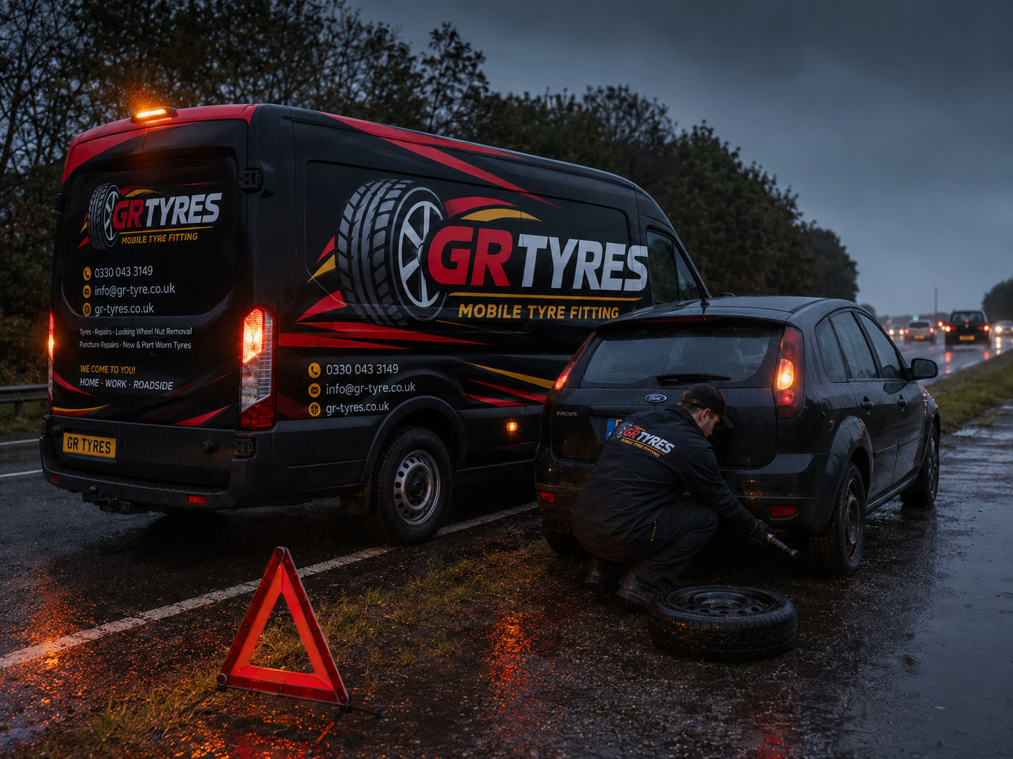 GR-Tyres 24/7 emergency call-out van parked on a street